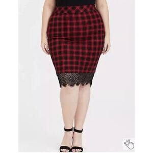 Torrid Red Black Plaid Pencil Skirt with Lace Hem Plus Size 1X